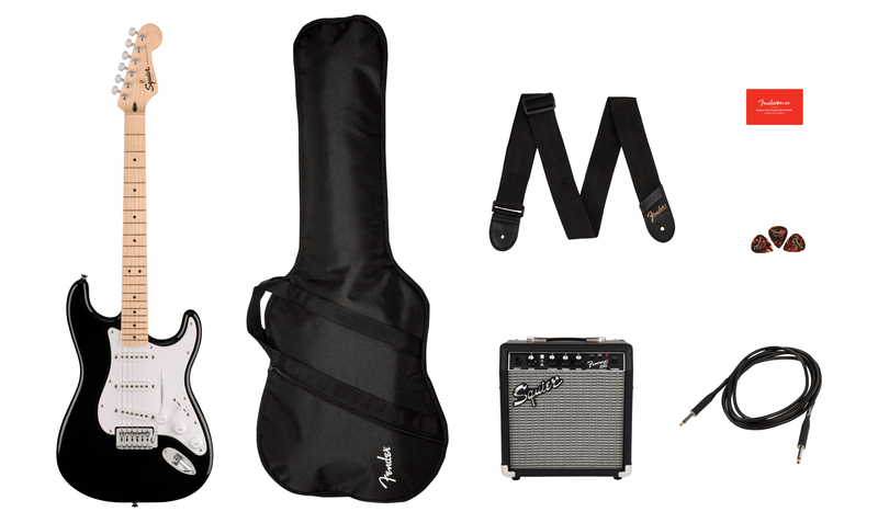 Squier Sonic Stratocaster Pack, Maple Fingerboard, Black, w/Gig Bag and Frontman 10G amplifier