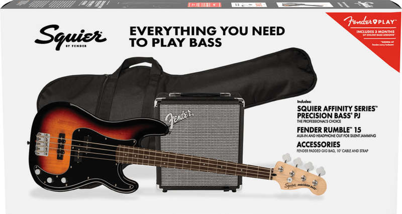 Affinity Series Precision Bass PJ Pack, Laurel Fingerboard, 3-Color Sunburst w/Gig Bag and Rumble 15 Amp