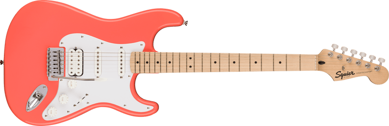 Squier Sonic Stratocaster HSS, Maple Fingerboard, White Pickguard, Tahitian Coral