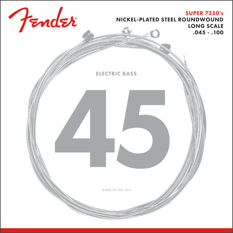 Fender 7250 Bass Strings, Nickel Plated Steel, Long Scale, 7250ML .045-.100 Gauges, (4)