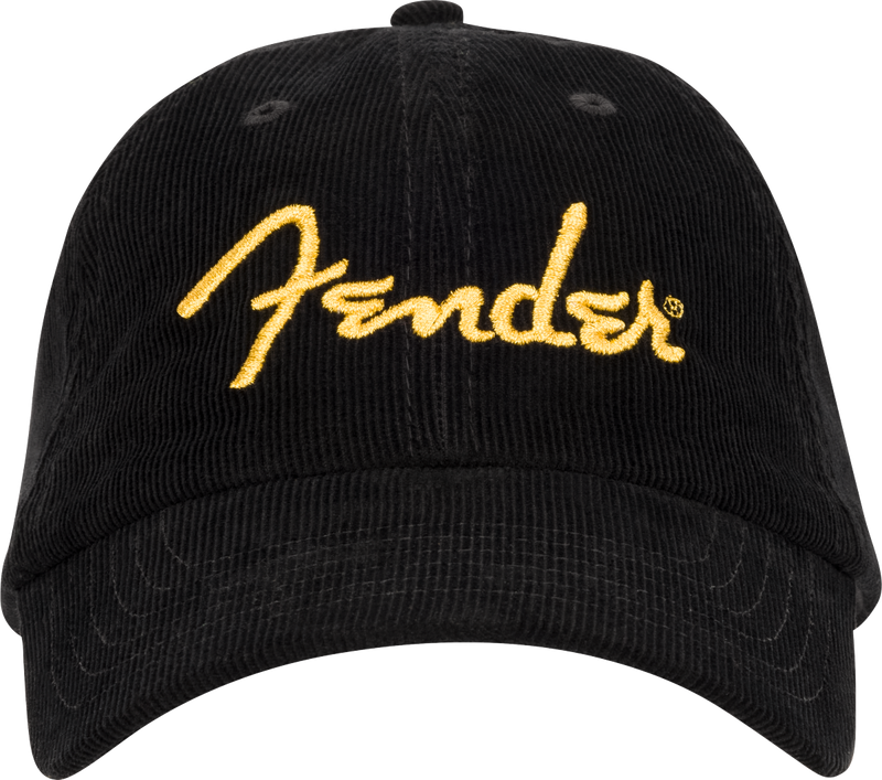 Fender Gold Spaghetti Logo Corduroy Baseball Hat, Black, One Size