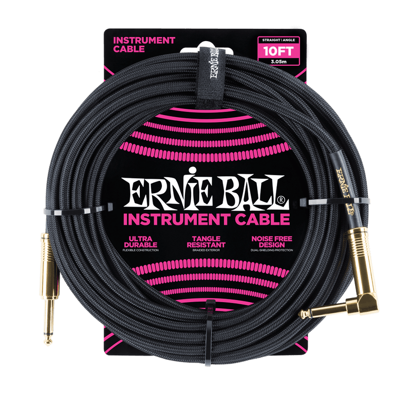 Ernie Ball Braided Instrument Cable Straight/Angle 10ft - Black w/ Gold Connectors