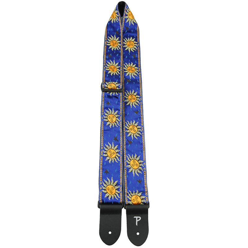 2" Jacquard Guitar Strap with "Suns on Royal Blue" Design & Leather ends