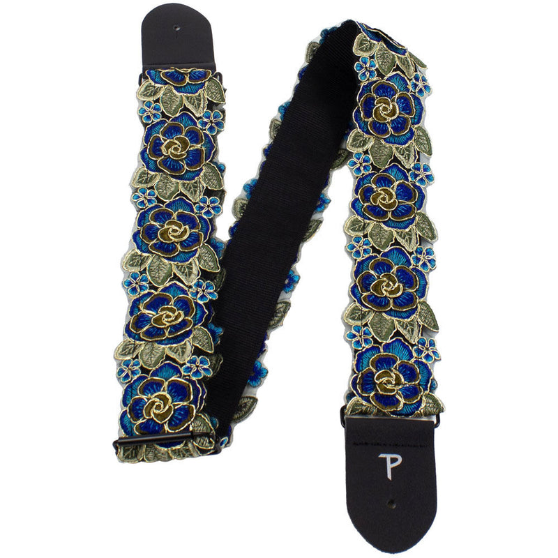 2" Stitched 3D Lace Ribbon Guitar Strap in Blue & Gold Floral Design