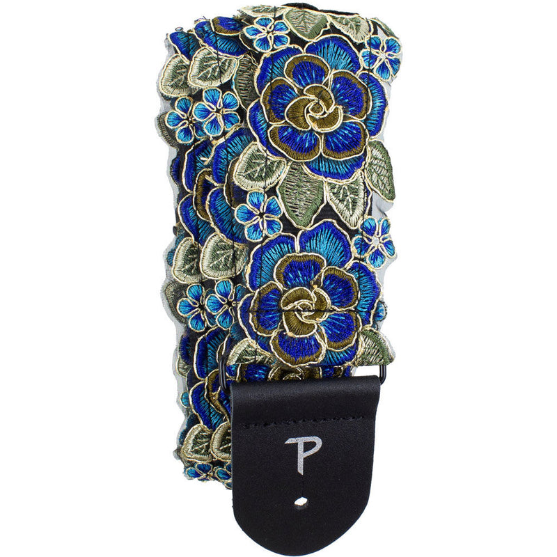 2" Stitched 3D Lace Ribbon Guitar Strap in Blue & Gold Floral Design