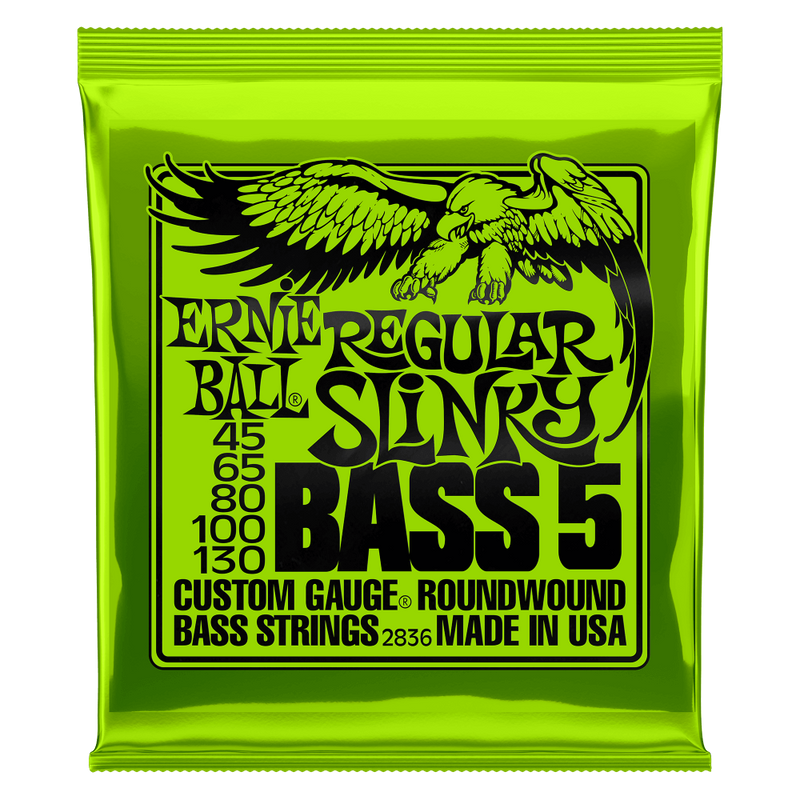 Ernie Ball Regular Slinky 5-String Nickel Wound Electric Bass Strings, 45-130 Gauge.