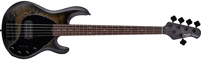 Sterling by Music Man Ray35PB 5-String Poplar Burl Stingray Bass with Gigbag - Trans Black Satin